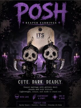 ITS Sense Gothic Grim Reaper Skull Dangle Earrings Halloween Emo Goth Spooky